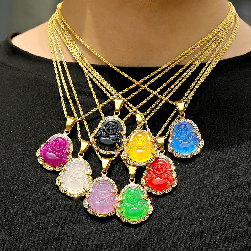 18K Gold Filled Laughing Buddha Jade Luck Necklace Chain Pendant