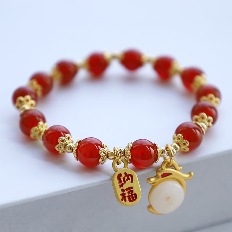 Year of the Dragon Red Agate Green Aventurine Peace Buckle Fu Character Lucky Fortune Bracelet