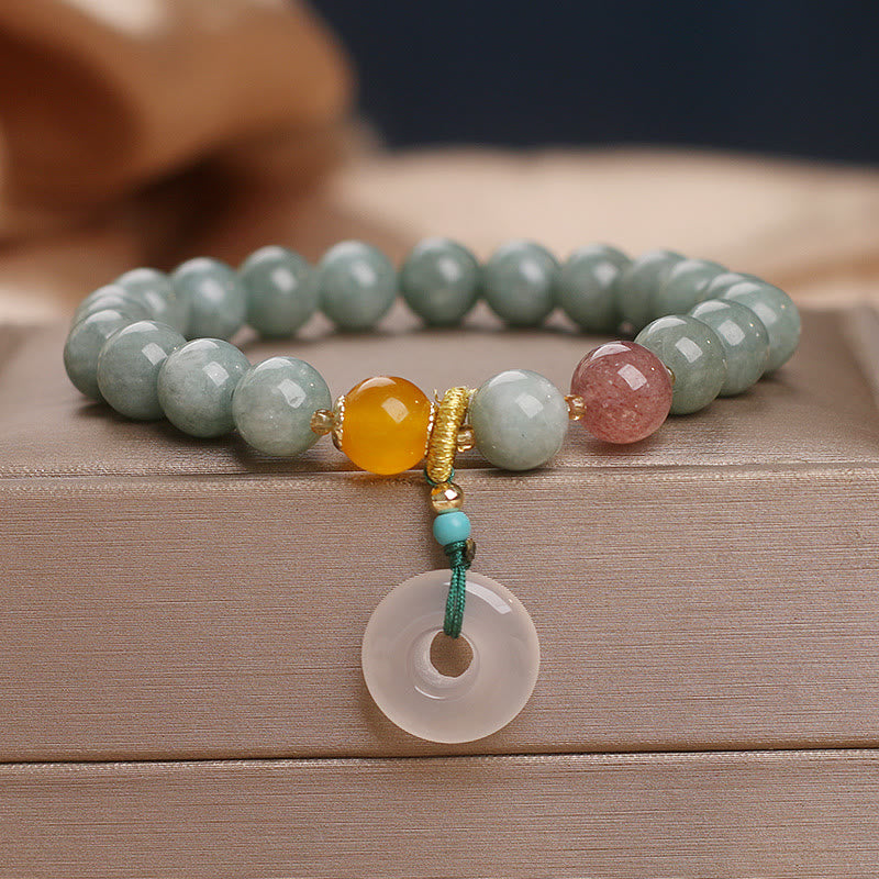 Natural Jade Strawberry Quartz Bead Peace Buckle Prosperity Bracelet