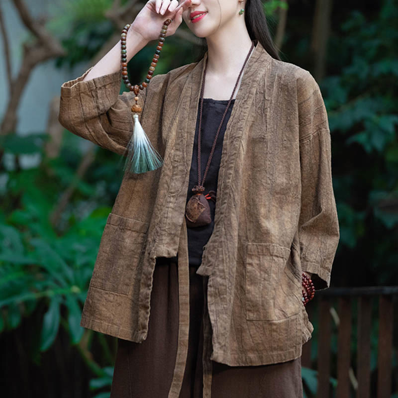 Hanfu Design Three Quarter Sleeve Ramie Linen Coat Open Front Top Jacket
