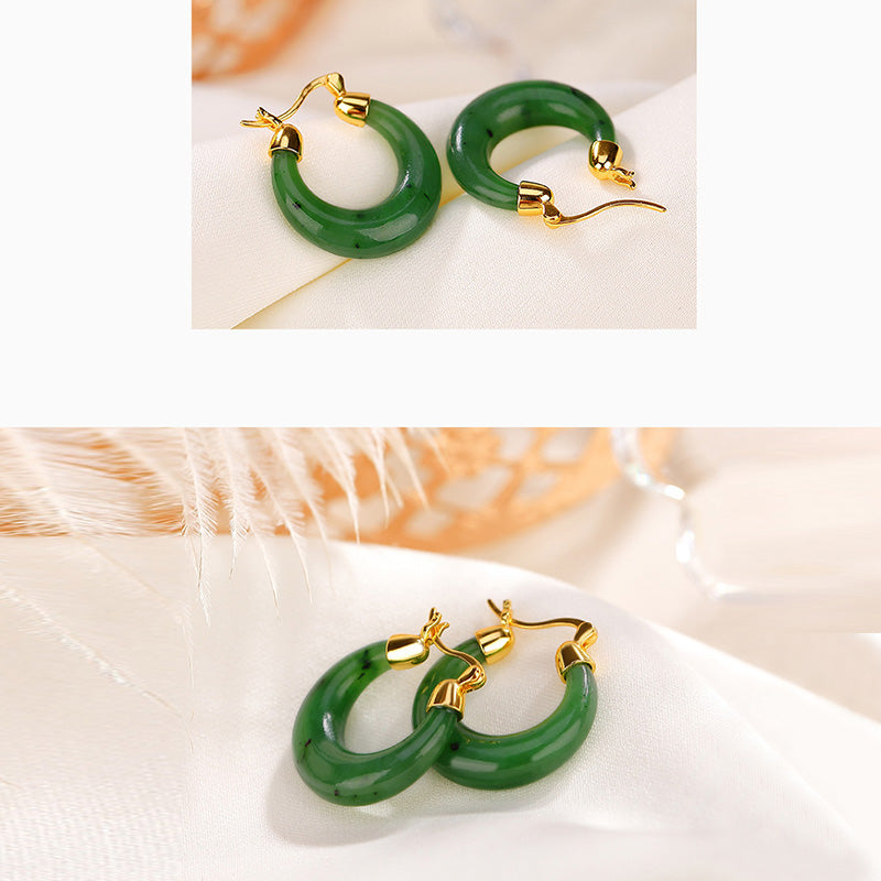 925 Sterling Silver Plated Gold Natural Round Hetian Cyan Jade Luck Drop Earrings