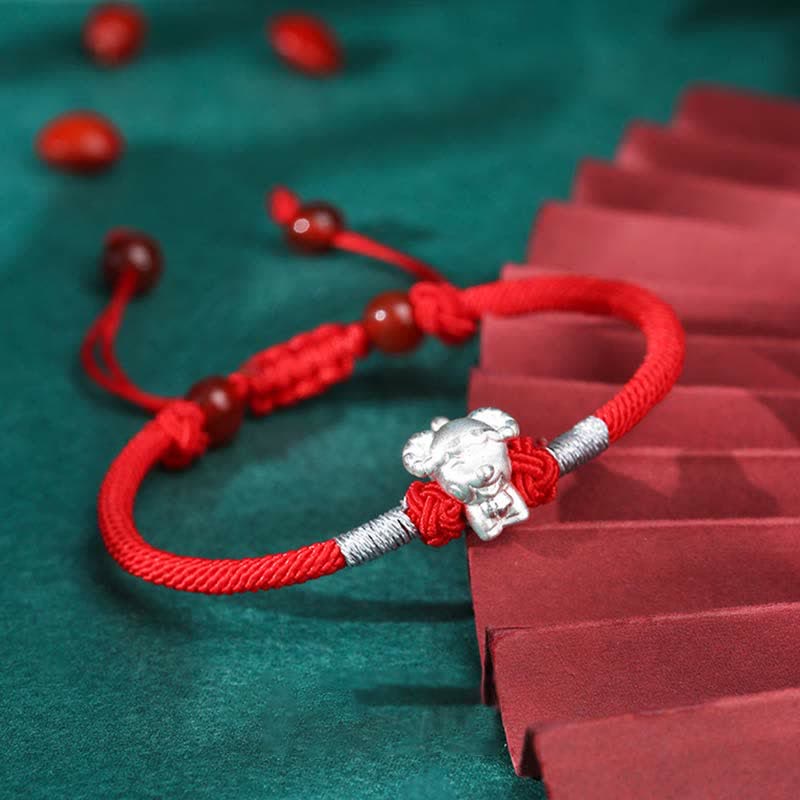 Handcrafted 999 Fine Silver Chinese Zodiac Red String Adjustable Bracelet