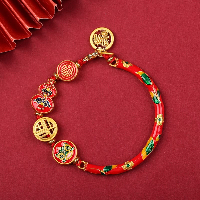 Tibetan Handcrafted Copper Wu Lou and Guardian Lion Cord Bracelet