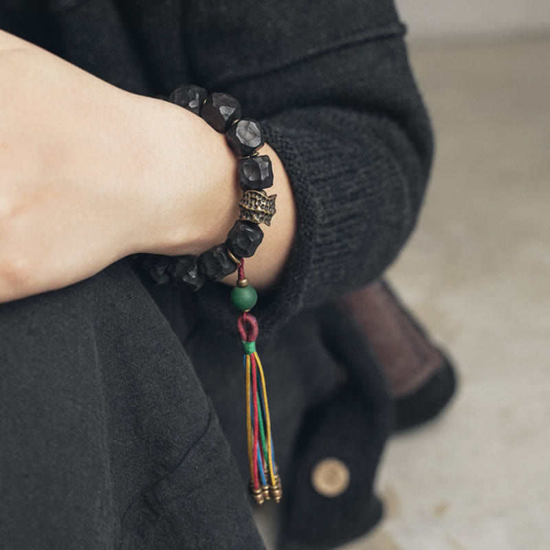 Tibetan Ebony Wood and Copper Peace Tassel Agate Wrist Mala