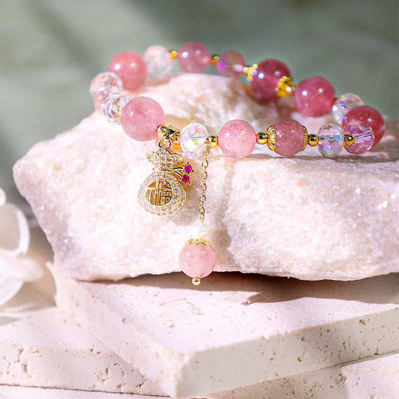 Natural Strawberry Quartz Crystal Beaded Bracelet with Carved Money Bag Charm
