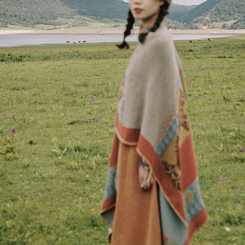 Tibetan Shawl Diamond Pattern Winter Warm Cloak Scarf