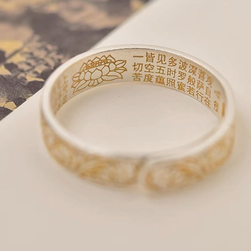 999 Sterling Silver Gold-Painted Joyful Flower Pattern Peaceful Heart Sutra Ring