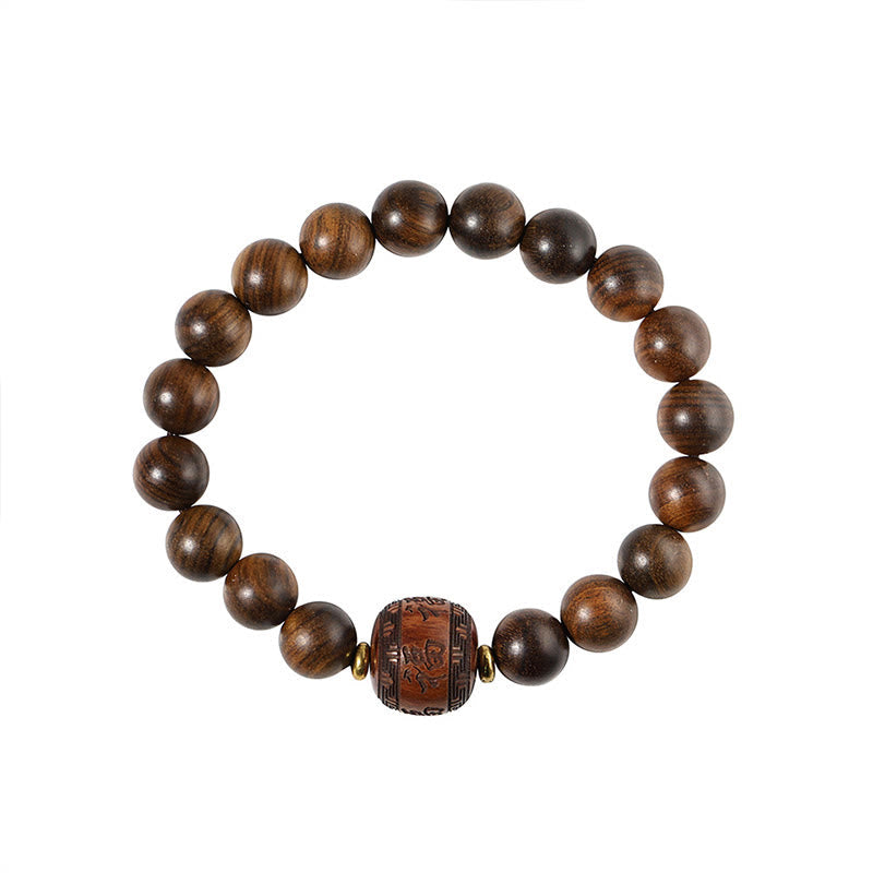 Hand-Carved Rosewood & Jade Turquoise Copper Auspicious Clouds Fu Symbol Bracelet