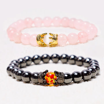 Natural Gemstone Crown Accent Beaded Couple Bracelet Set - Set of 2