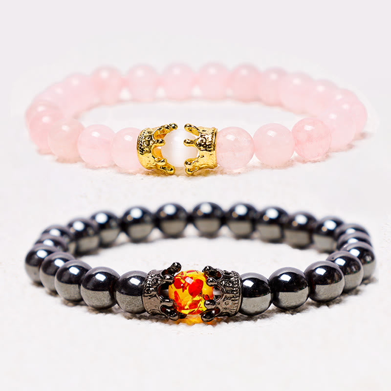 Natural Gemstone Crown Accent Beaded Couple Bracelet Set - Set of 2