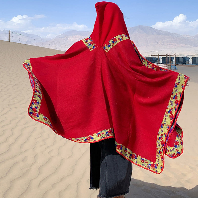 Tibetan Shawl Border Small Floral Flower Hooded Cloak Winter Cozy Travel Scarf Wrap