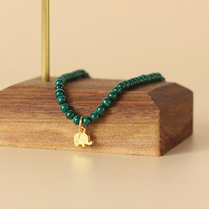 Natural Malachite Elephant Charm Bracelet with Adjustable Sizing
