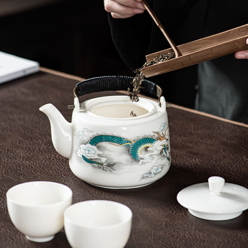 Vintage Dragon Mountain Fisherman Landscape White Porcelain Ceramic Kung Fu Teapot