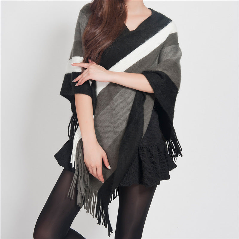 Knitted Striped Tassel Pullover Meditation Shawl Wrap