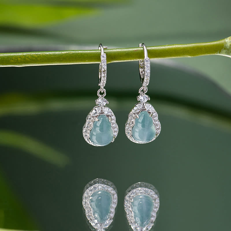 925 Sterling Silver Green Jade Wu Lou Gourd Drop Earrings