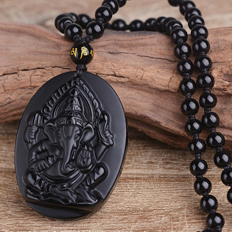 Tibetan Obsidian Ganesh Ganpati Elephant Wealth Amulet Necklace