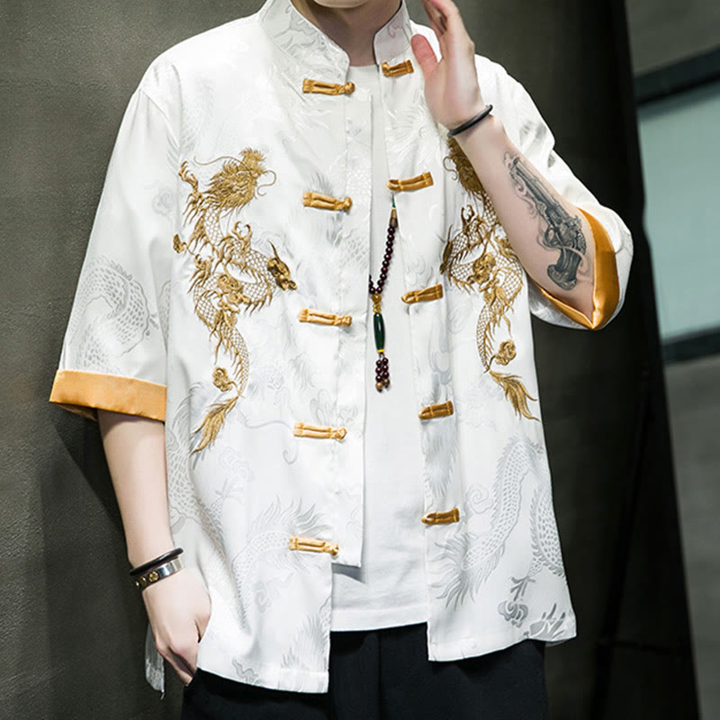 Frog-Button Chinese Dragon Embroidery Half Sleeve Shirt Linen Men Clothing