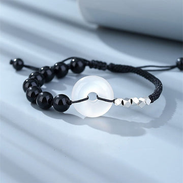 Adjustable 925 Sterling Silver Black Obsidian Agate Ping An Kou Peace Buckle Bracelet