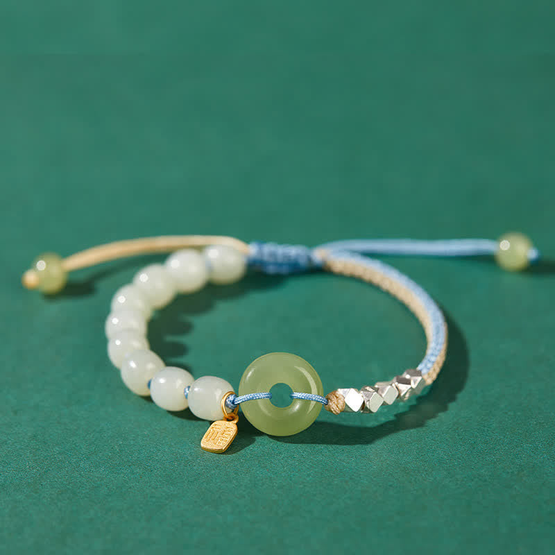 Hand-Woven Hetian Jade Ping An Kou Gold Plated Sterling Silver Beaded Bracelet