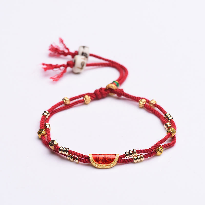 Handmade Braided Red String Bracelet with Cinnabar Dumpling Beads & Endless Knot