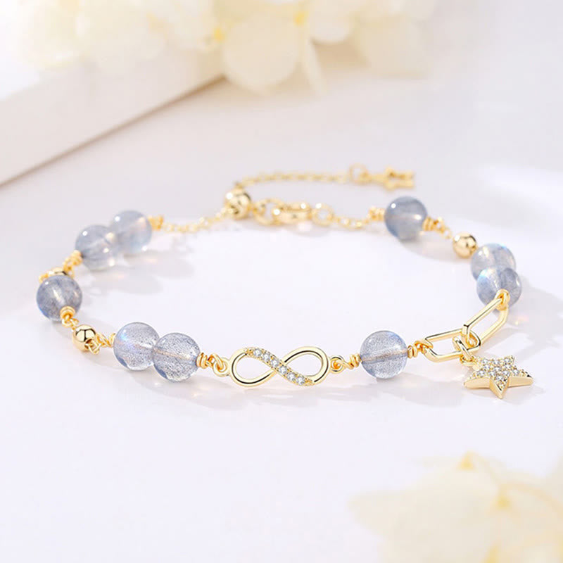 14K Gold Plated Möbius Loop Star Natural Moonstone or Strawberry Quartz Bracelet