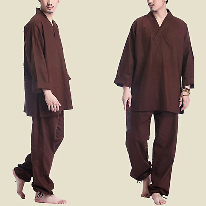 Meditation Prayer V-neck Design Cotton Linen Spiritual Zen Practice Yoga Clothing Men's Set