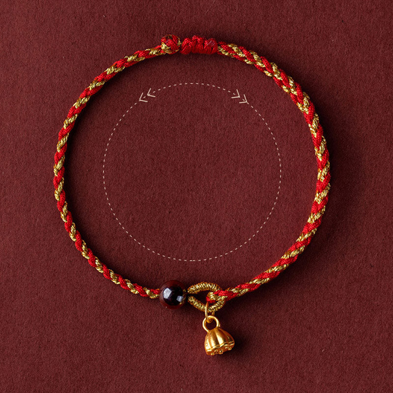 Handcrafted Red Gold Rope Lotus Peace And Joy Charm Braid Bracelet