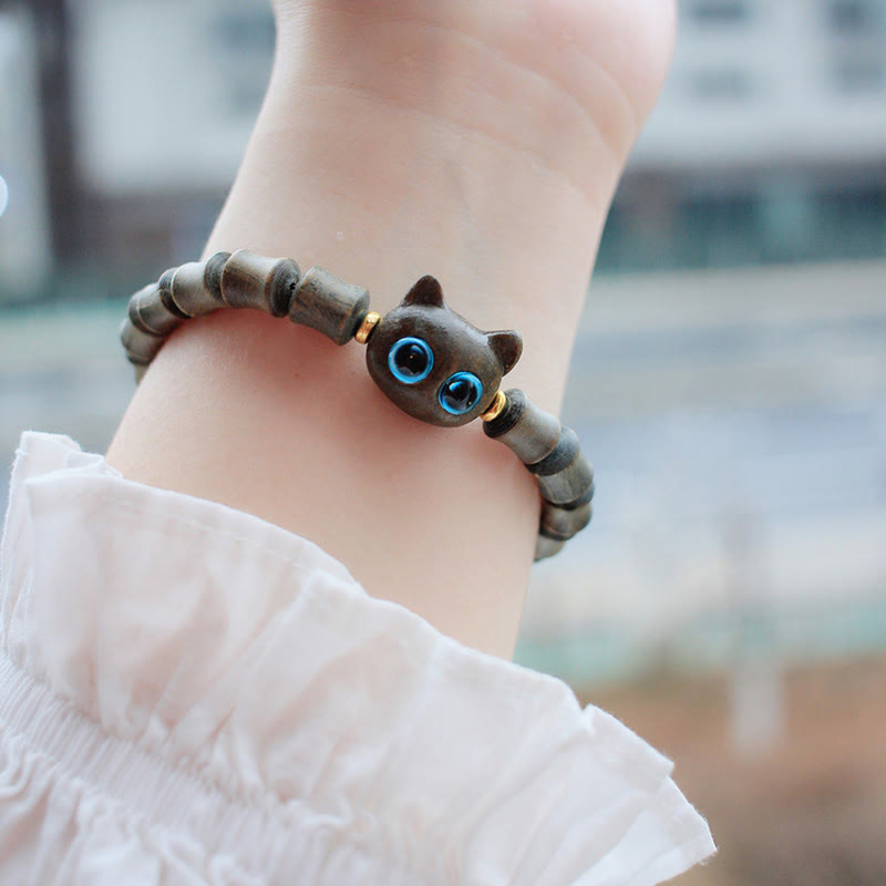 Hand-Carved Wooden Cat Peace Charm Bracelet in Ebony or Sandalwood