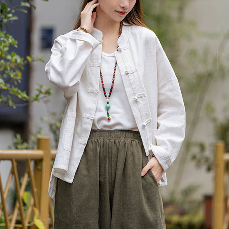 Frog-Button Design Shirt Tai Chi Meditation Top Clothing Ramie Linen Jacket