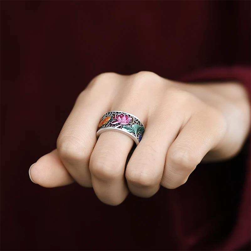 Copper Blue Enamel Lotus Heart Sutra Koi Fish Luck Ring