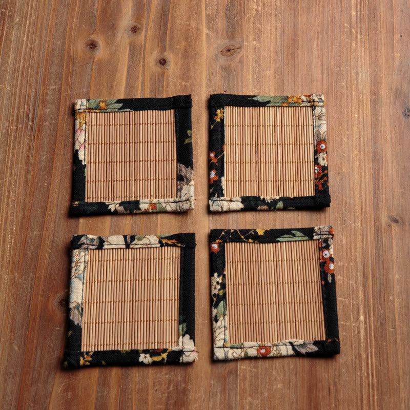 Vintage Peony Flower Blossom Bamboo Cup Mat Pad Tea Cup Coaster Kung Fu Tea Mat