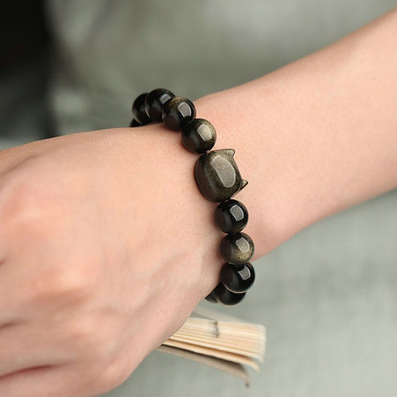 Handmade Gold & Silver Sheen Obsidian Feline Charm Beaded Bracelet