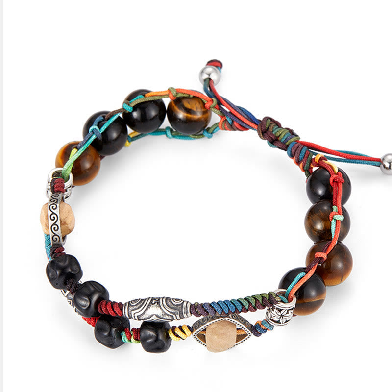 Handmade Tiger's Eye, Bodhi Seed & Coconut Shell 925 Sterling Silver Beaded Bracelet