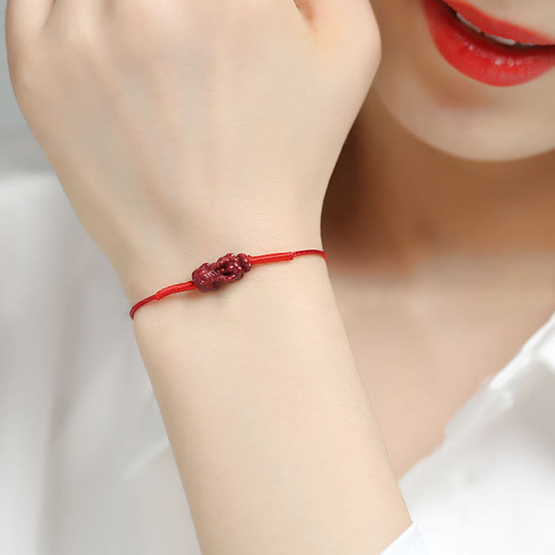 Handmade Cinnabar Braided Red String Bracelet with Carved Symbolic Charms