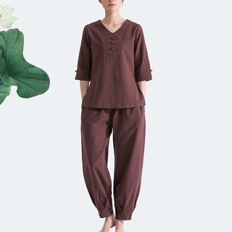 Yoga Meditation Prayer V-neck Design Cotton Linen Clothing Uniform Zen Practice Women's Set
