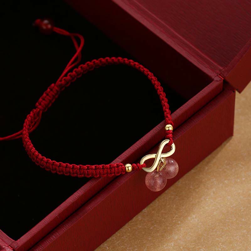 Adjustable Strawberry Quartz Crystal, Copper & Endless Knot Red String Woven Bracelet