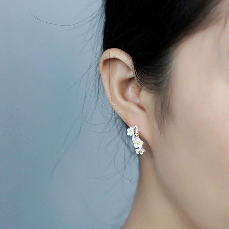 925 Sterling Silver Plum Blossom Floral Clear Quartz Earrings
