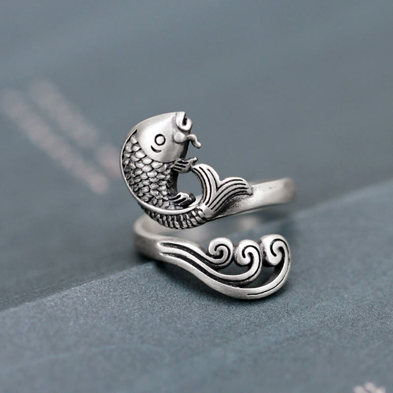 925 Sterling Silver Koi Fish Water Ripple Adjustable Ring