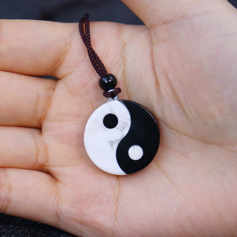 Natural Black Obsidian White Turquoise Yin Yang Fulfilment Strength Necklace Pendant
