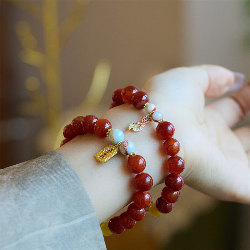 Natural Red Agate & Shoushan Stone Dragon Fu Charm Peace Talisman Bracelet