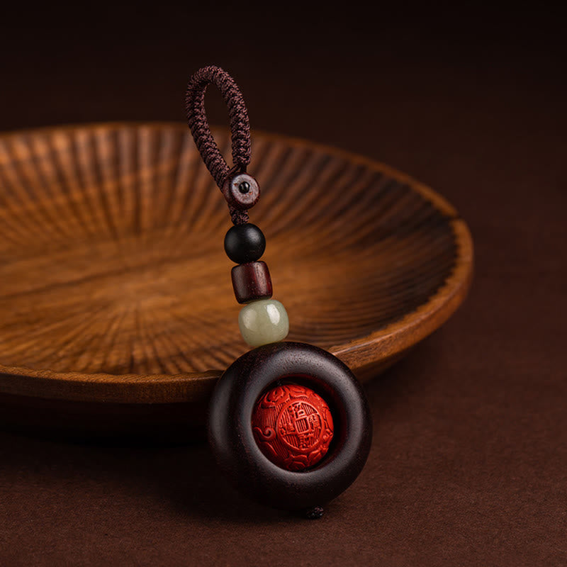 Red Sandalwood & Jade Cinnabar Keychain with Om Mani Padme Hum, Pixiu, or Copper Coin