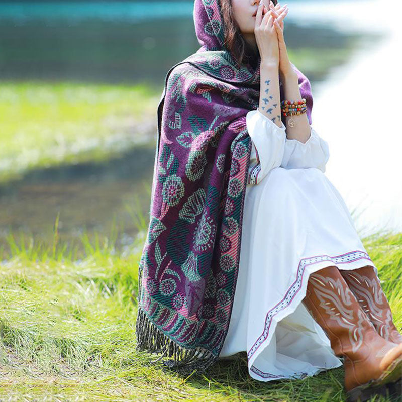 Tibetan Flower Floral Leaves Pattern Design Shawl Cozy Travel Scarf Wrap