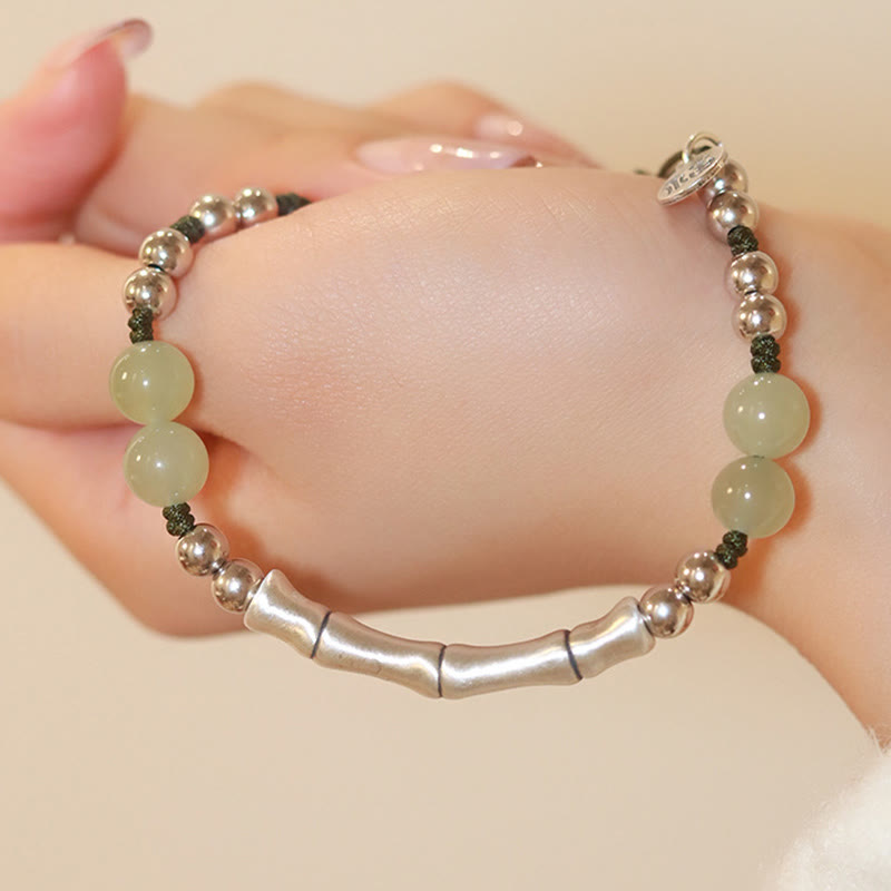 925 Sterling Silver Natural Hetian Jade Bamboo and Fu Character Resilience Bracelet