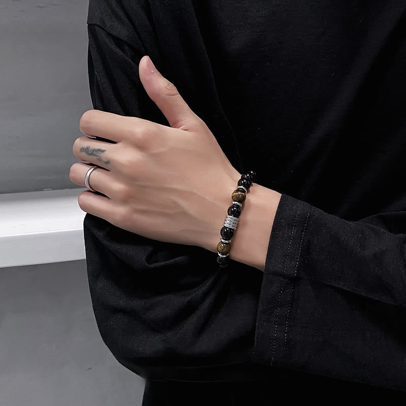10mm Black Obsidian and Tiger Eye Beaded Bracelet with Titanium Steel