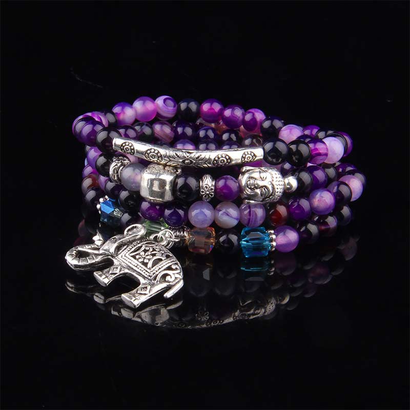 Handmade 999 Silver Plated Natural Agate Elephant & Buddha Charm Bracelet