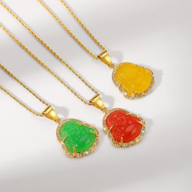 18K Gold Filled Laughing Buddha Jade Luck Necklace Chain Pendant