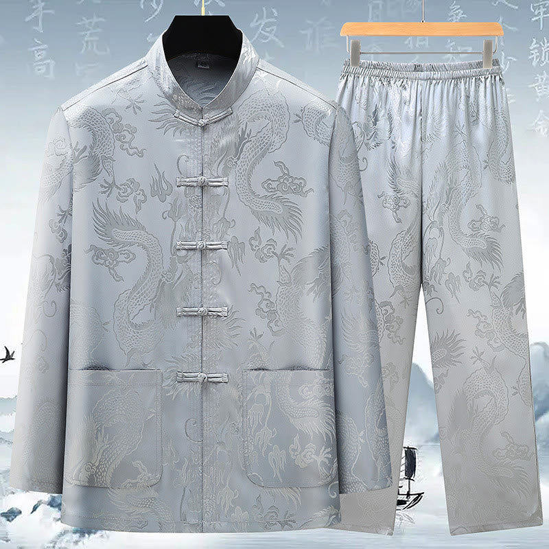 Tang Suit Men Hanfu Chinese Dragon Traditional Clothes Kung Fu Shirt Uniform Long Sleeved Coat Tops and Pants Clothing Men's Set