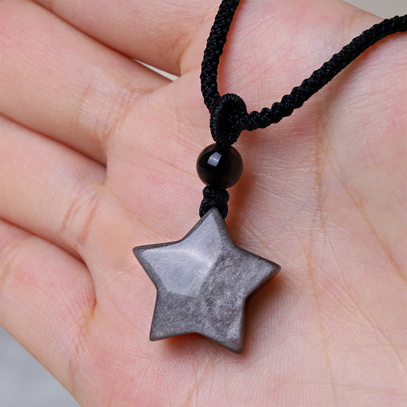 Natural Silver Sheen Obsidian Star Crescent Moon Protection Necklace Pendant