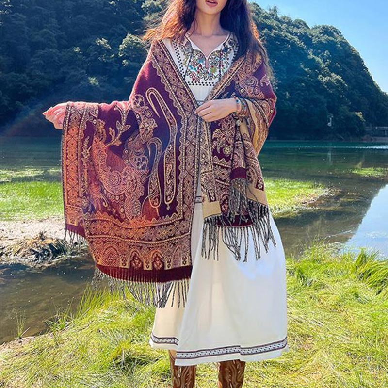 Vintage Tibetan Leaves Pattern Design Shawl Cozy Travel Scarf Wrap