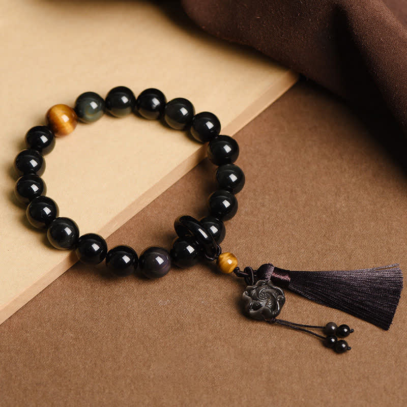 Natural Black Obsidian Lion Wrist Mala Protection Tassels Pocket Mala Car Decoration